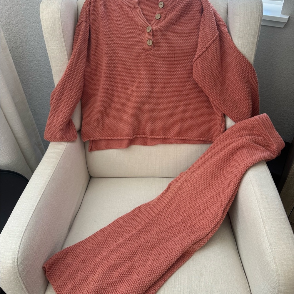 Free People Cozy Textured Knit Two-Piece Loungewear Set - Terracotta